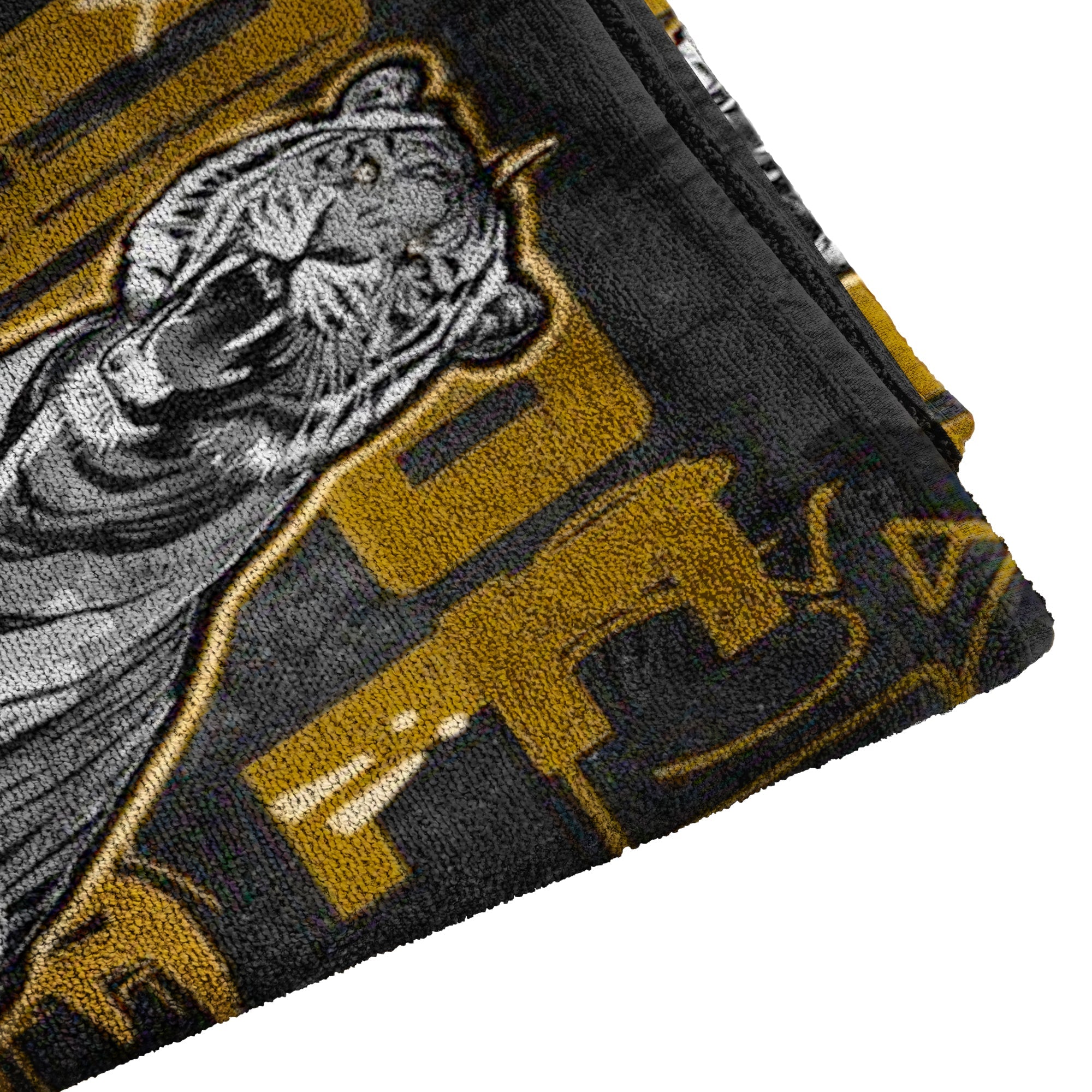 ATTITUDE DETERMINES ALTITUDE BLACK AND GOLD BEACH TOWEL - REBHORN DESIGN