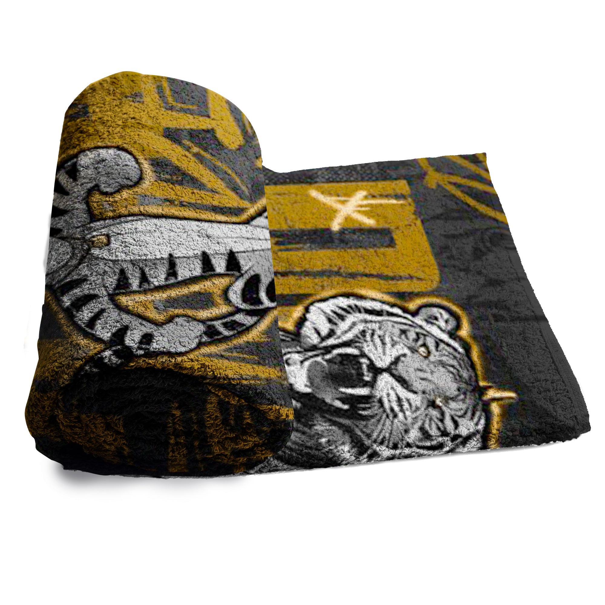 ATTITUDE DETERMINES ALTITUDE BLACK AND GOLD BEACH TOWEL - REBHORN DESIGN
