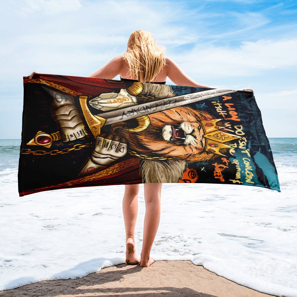 A LION DOESN'T CONCERN ITSELF WITH THE OPINIONS OF SHEEP BEACH TOWEL - REBHORN DESIGN