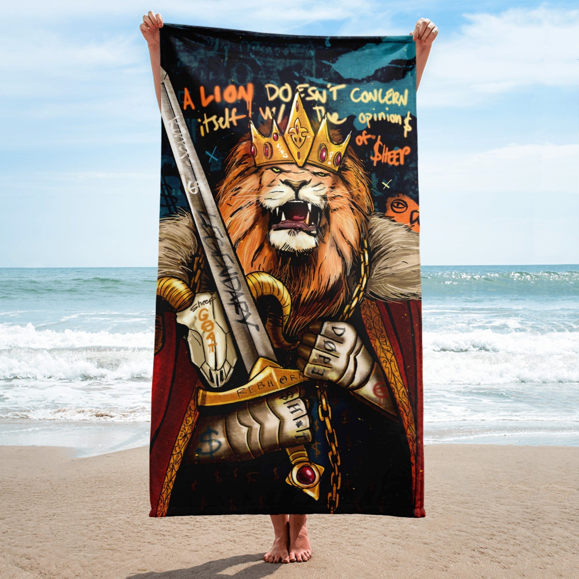 A LION DOESN'T CONCERN ITSELF WITH THE OPINIONS OF SHEEP BEACH TOWEL - REBHORN DESIGN