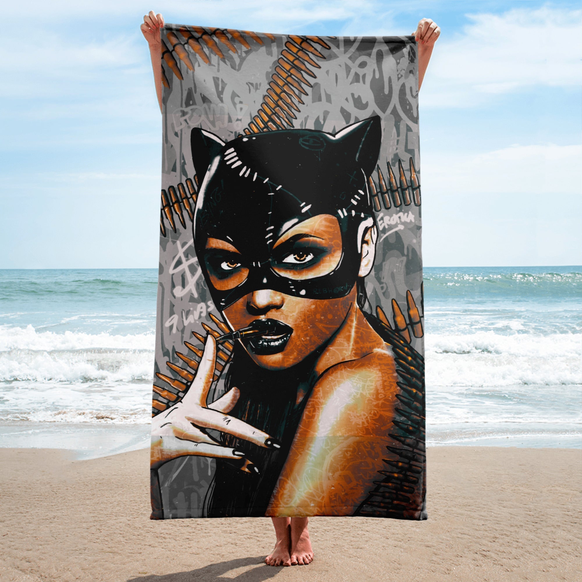 EROTICA - 9 LIVES MONOCHROME VERSION BEACH TOWEL - REBHORN DESIGN