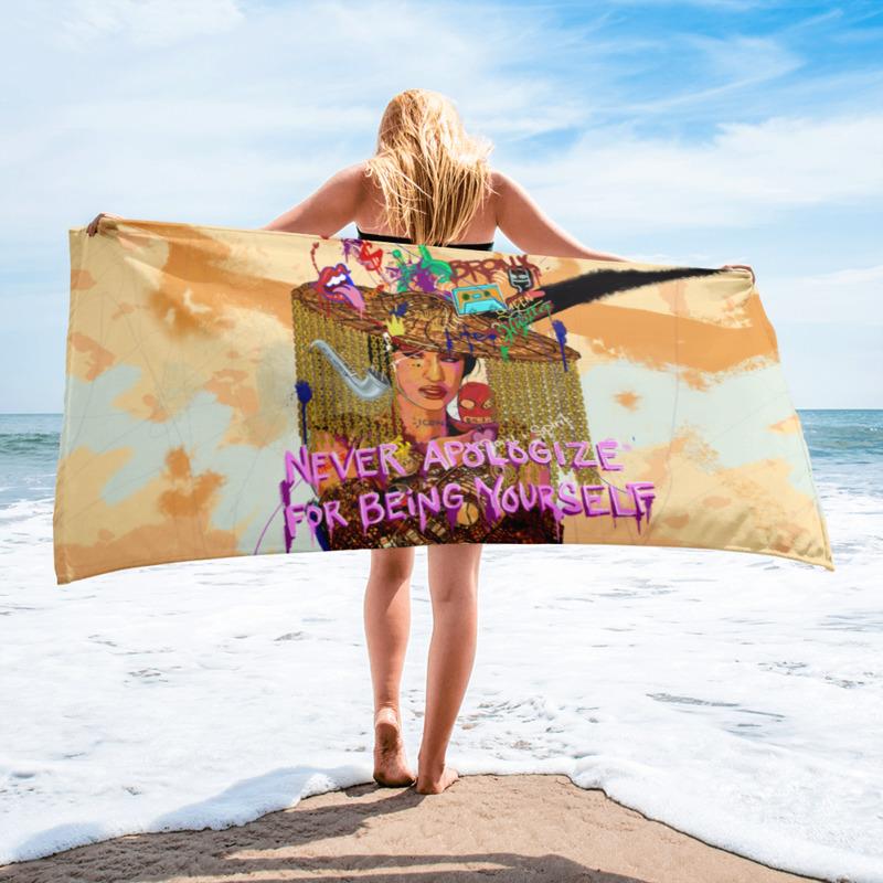 NEVER APOLOGIZE FOR BEING YOURSELF BEACH TOWEL - REBHORN DESIGN